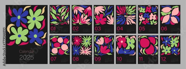 Fototapeta Floral calendar template for 2025. Vertical design with bright colorful flowers and leaves. Editable illustration page template A4, A3, set of 12 months with cover. Vector mesh. Week starts on Sunday