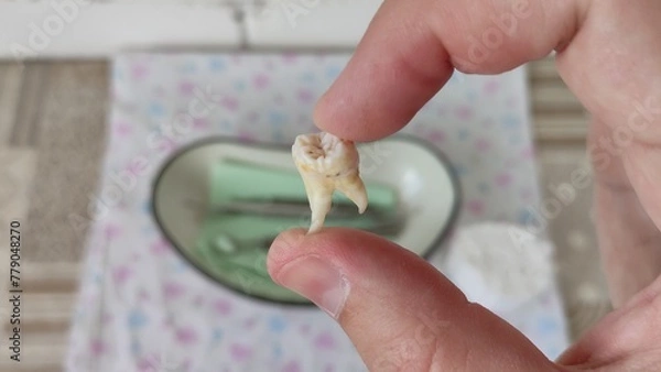 Obraz Dentist shows a removed tooth in hand