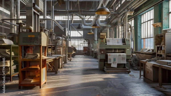 Obraz A busy printing press with printing machines and finishing equipment, momentarily at rest but ready to print books, magazines, and other printed materials