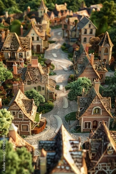 Fototapeta A quaint village of ginger snaps houses, with molasses roads and a licorice town square, 3D illustration