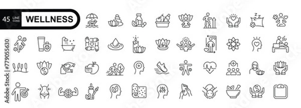 Obraz Wellness web icon set in line style. Relaxation, spa, sleep, yoga, health, lifestyle, spiritual practice, meditation, collection. Vector illustration.