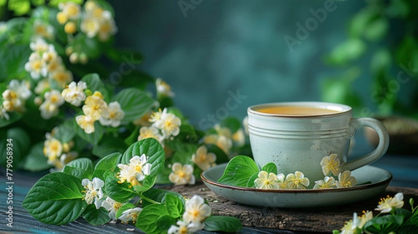 Fototapeta The health benefits of moringa herbal tea served with fresh leaves and flowers