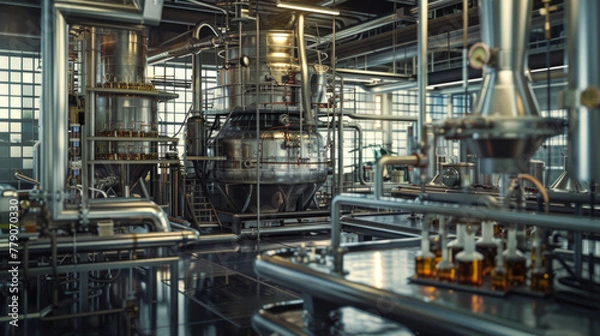 Obraz A busy chemical engineering lab with distillation columns and reaction vessels, currently at rest but ready to develop chemical processes for various industries