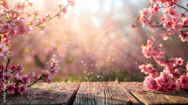 Fototapeta Empty wooden table in Sakura flower Park with garden bokeh background with a country outdoor theme, Template mock up for display of product