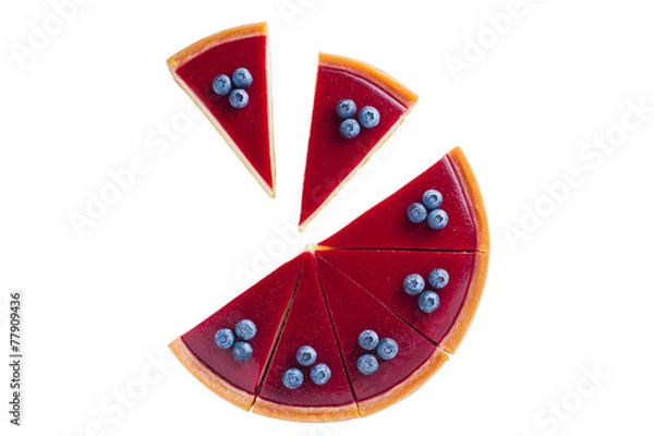 Fototapeta big red cheesecake with blueberries on a white background cut