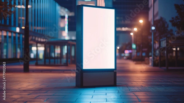 Fototapeta Mockup. Vertical advertising display on the street. Standalone, illuminated advertising column with a blank, white poster mockup against an urban background.