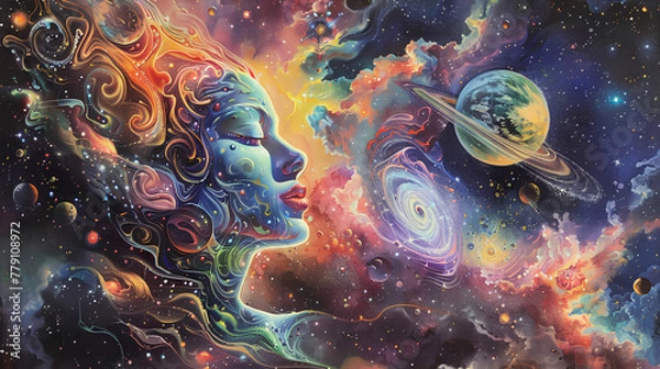 Obraz Retro illustration with woman in space. Vintage galaxy and calm mind poster.