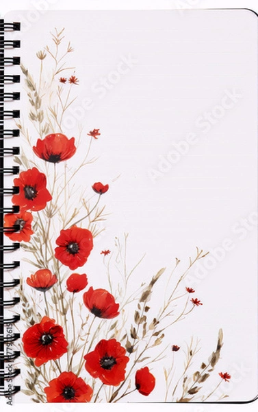 Fototapeta Red poppies adorn a white spiral-bound notebook.
