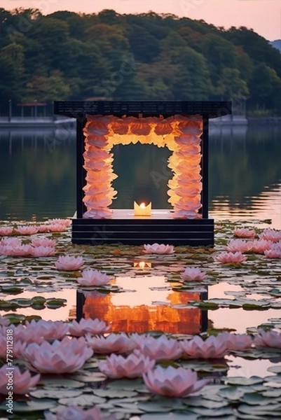 Fototapeta Floating structure, lit from within, surrounded by pink lotus flowers.
