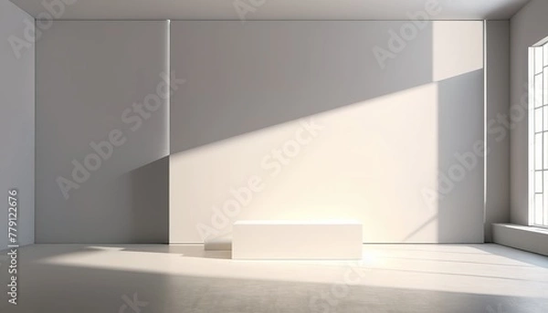 Fototapeta Empty simple background for presentation with wall and podium. Sunlight from the window casts a shadow on light wall. Blank stage with soft shadows and light mockup copy space.