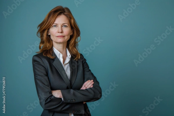 Obraz A woman in a suit stands with her arms crossed