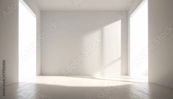 Fototapeta Empty simple background for presentation with wall and podium. Sunlight from the window casts a shadow on light wall. Blank stage with soft shadows and light mockup copy space.