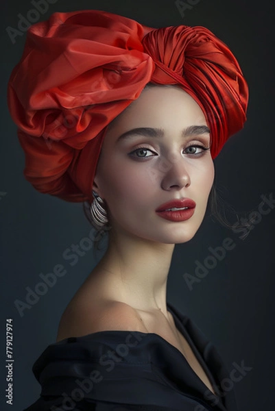 Fototapeta beautiful woman with a red turban,generative ai