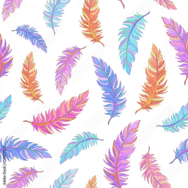 Fototapeta Multicolored feathers falling on white backdrop vector seamless pattern. Attractive colorful surface art for printing or for use in graphic design projects.