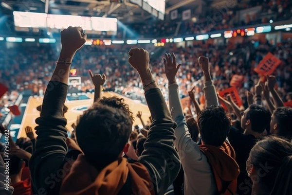 Obraz Basketball game from the perspective of the crowd, with fans cheering, waving banners, and showing support for their team