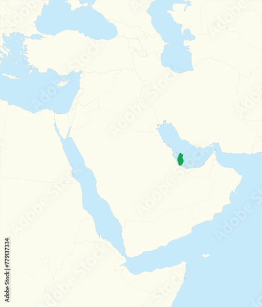 Fototapeta Green detailed blank political map of QATAR with black borders on beige continent background and blue sea surfaces using orthographic projection of the Middle East