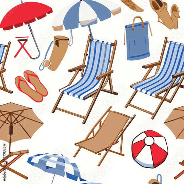Obraz A collection of diverse visuals featuring beach chairs, sun loungers, sun umbrellas, and sand mats, showcasing the variety and options available for a relaxing beach experience.