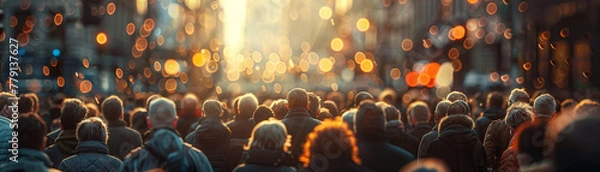 Fototapeta World leaders debating Universal Basic Income, diverse crowd of citizens listening, urban setting, realistic image, overcast weather, depth of field bokeh effect