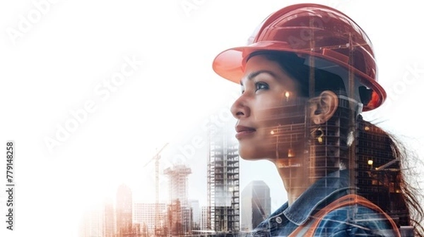 Obraz Double exposure of an Indian woman with hard hat standing in urban setting with cityscape in background