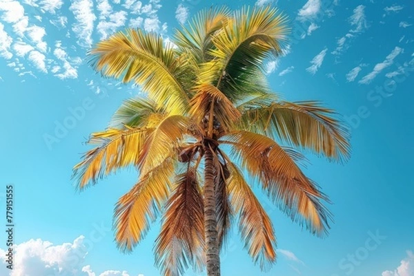 Fototapeta Going on vacation to the ocean. Palm tree against blue sky