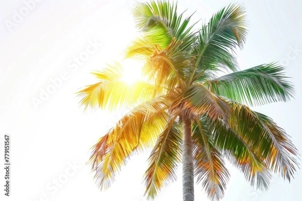 Fototapeta Clear white background, one palm tree in the rays of the sun isolated on white background, blank copy space