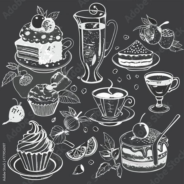 Obraz Experience a delightful collection of hand-crafted illustrations featuring scrumptious desserts, invigorating coffee, and comforting tea. Exuding a charming chalk-style aesthetic