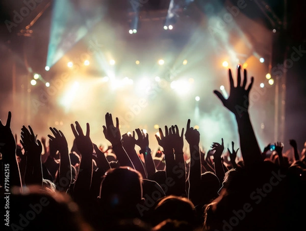 Obraz silhouettes of concert crowd in front of bright stage lights.