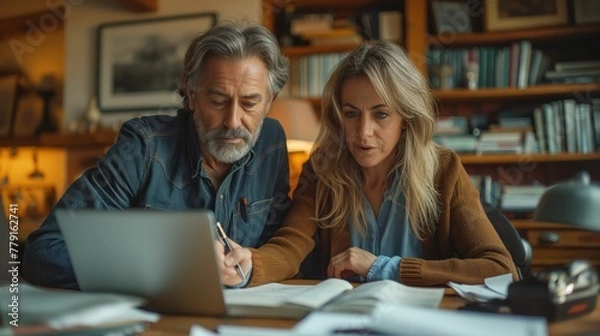 Fototapeta In a home office filled with books and personal touches, a middle-aged couple is deeply focused on their work, consulting a laptop and notes with serious concentration.