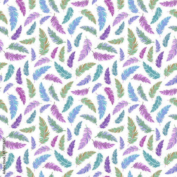 Fototapeta Blue, green and purple shaded plumes floating through the air arranged in seamless pattern. Colorful surface art isolated on white backdrop for printing or for use in graphic design projects.