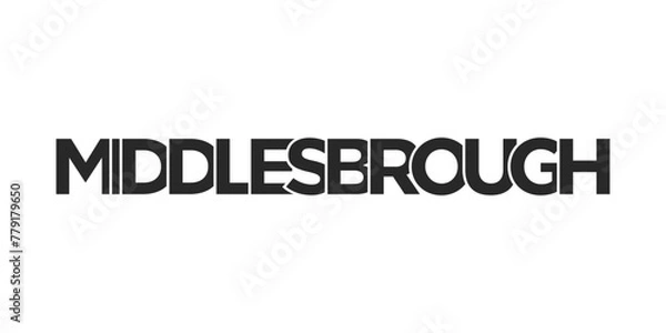 Obraz Middlesbrough city in the United Kingdom design features a geometric style illustration with bold typography in a modern font on white background.