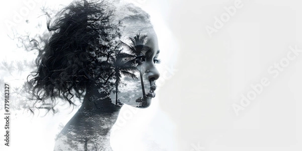 Fototapeta Black and white portrait of a African American woman double exposure with palm trees Over a white background and area for text.  