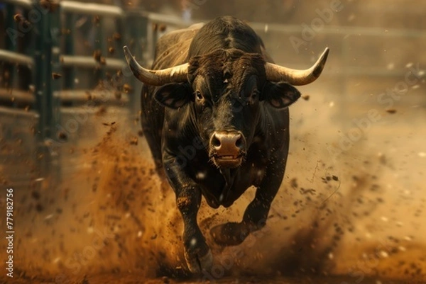 Fototapeta A bull running in the dirt in a fenced area. Suitable for agricultural or livestock themes