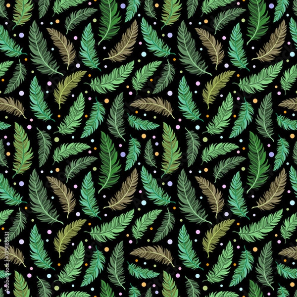 Fototapeta Vivid green feathers and circles swirling through the dark seamless pattern. Attractive colorful surface art pattern on black backdrop for printing or for use in graphic design projects.