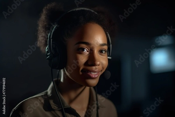 Obraz Smiling Woman with Headset in Dimly Lit Room. Generative AI