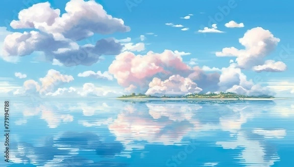 Obraz Serene Island Reflections Under Cotton Candy Clouds. Generative AI