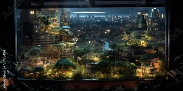 Obraz Lush Miniature Forest Display Overlooking a Night Cityscape. Generative AI