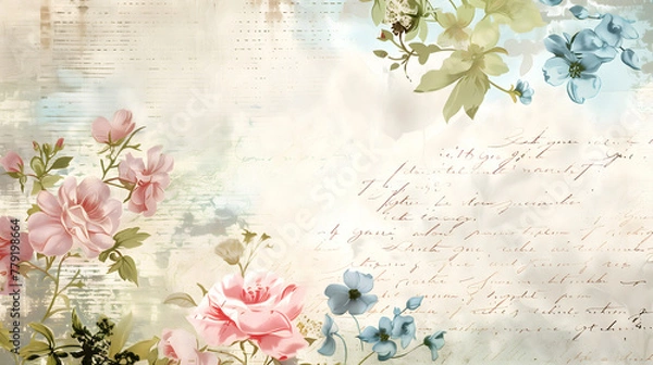 Fototapeta Vintage retro scrapbooking paper background with flowers and hand writing
