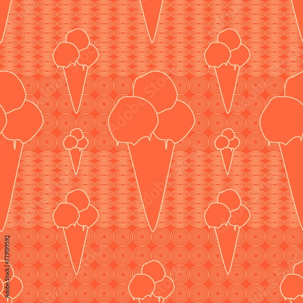 Fototapeta ice cream background, seamless pattern of ice cream scoops in a cone, repeating texture of ice cream cones on orange background, abstract simple design, ideal for textile or paper design