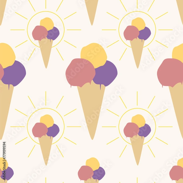 Fototapeta ice cream background, seamless pattern of ice cream scoops in a cone, repeating texture of colorful ice cream cones in red yellow and purple, abstract simple design, ideal for textile or paper design