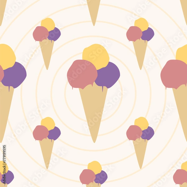 Fototapeta ice cream background, seamless pattern of ice cream scoops in a cone, repeating texture of colorful ice cream cones in red yellow and purple, abstract simple design, ideal for textile or paper design