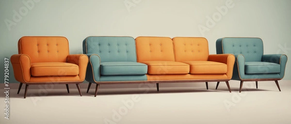 Fototapeta Retro colorful sofa and armchairs on isolated background