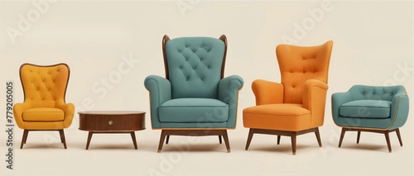 Fototapeta Retro orange and blue armchairs with cupboard on isolated background