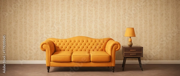 Fototapeta Retro orange leather sofa with cupboard and lamp in retro room