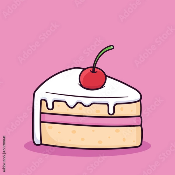 Fototapeta Slice of cake with a cherry on it, cake slice cartoon vecto illustration