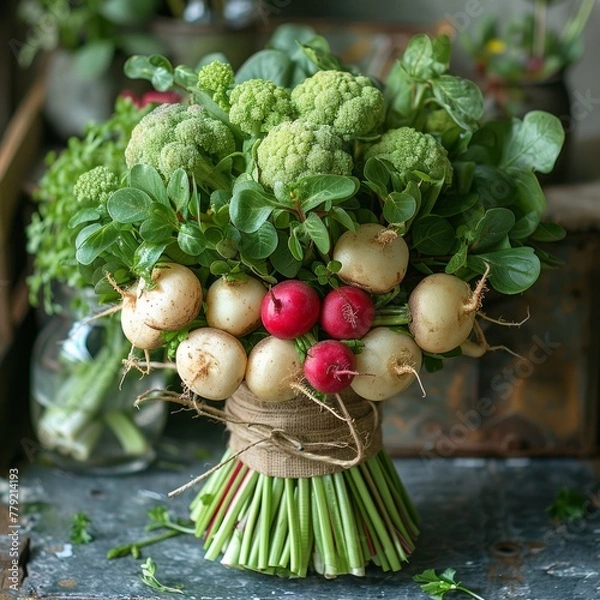 Fototapeta Bouquet of Vegetables with White Turnips, Fresh Radishes, and Lush Green Leaves Tied with Twine