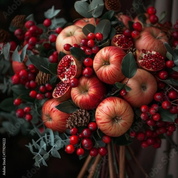 Fototapeta Autumn Harvest Inspired Bouquet with Red Apples, Pomegranate Seeds, and Seasonal Berries