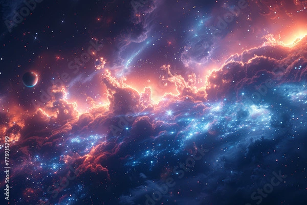 Fototapeta A journey through the cosmos, where planetary bodies dance in orbit around distant suns, each with its own story to tell. Concept of celestial choreography. Generative Ai.