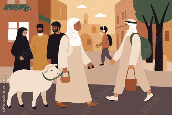 Fototapeta Muslim people walking on the street with a lamb preparing eid al adha feast