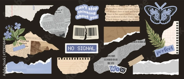 Fototapeta Trendy collage vector collection. Set of torn notepaper, old newspaper, cut gazette, collage rip elements, retro notebook sheets, craft labels. Retro grunge stickers for scrapbook and design.