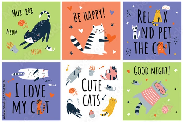 Obraz Cute cats with text set. Cartoon cats characters design collection with flat color in different poses. Set of funny pet animals isolated on color background.